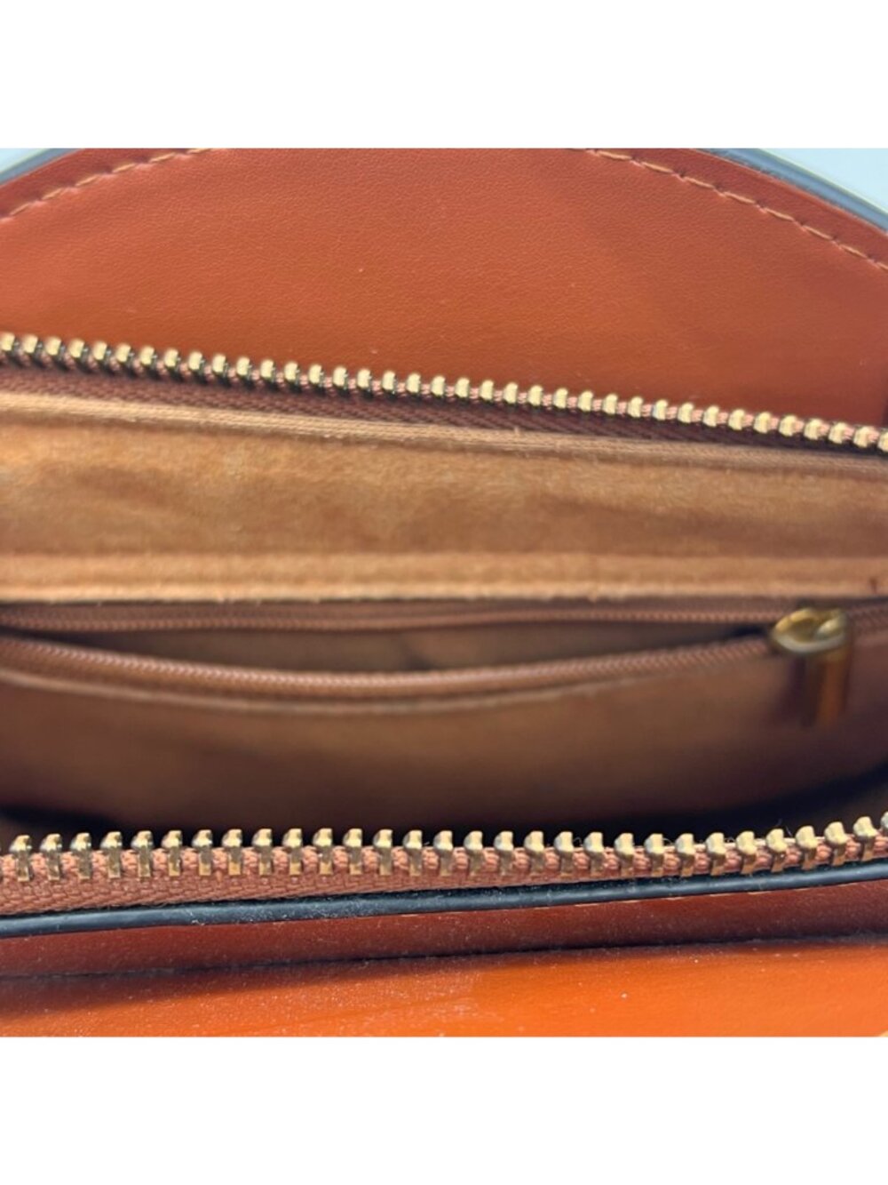 Round Leather Crossbody Bag With Gold Handles And Adjustable Strap Brown & Suede - Picture 7 of 14
